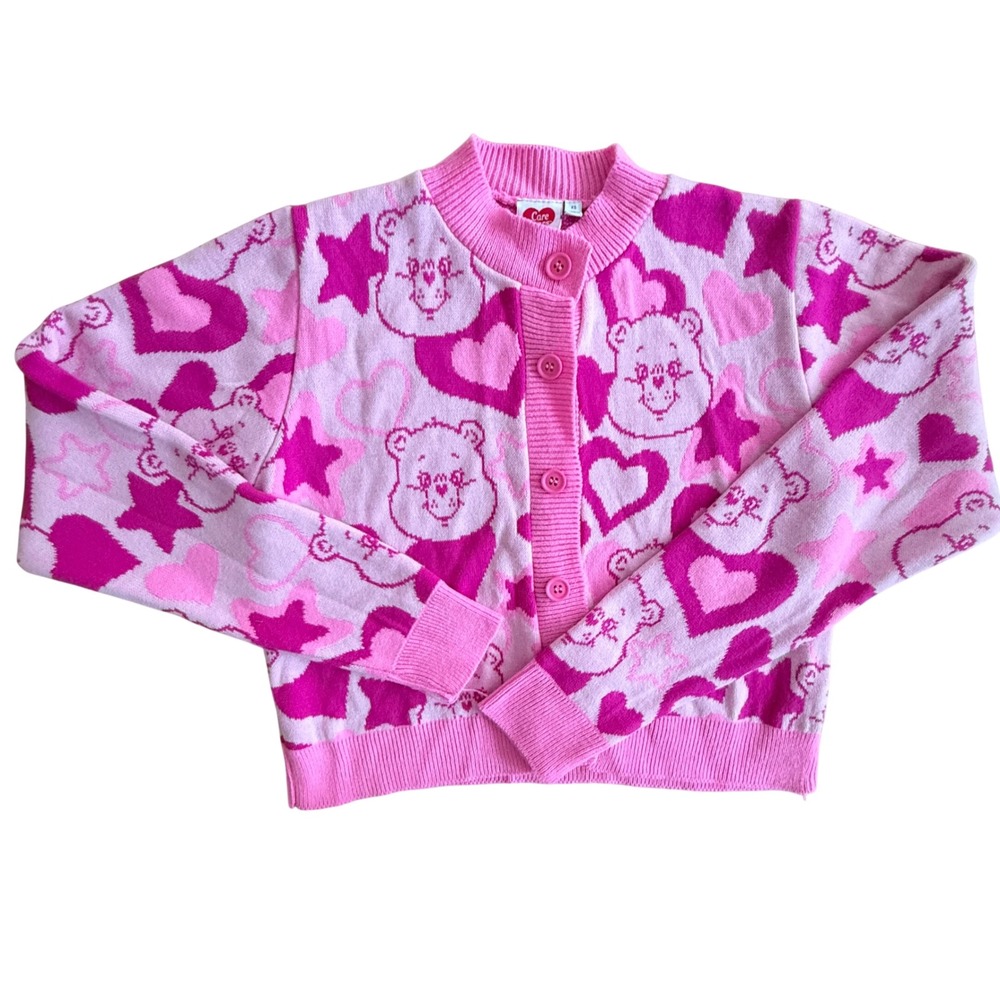 Care Bears Pink Heart Star Intarsia Knit Button Front Cardigan Sweater XS
